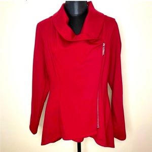 JOSEPH RIBKOFF Red Asymmetrical Zip Front Moto Knit Jacket. Size 10.